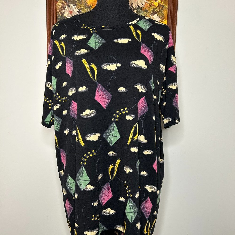 LuLaRoe Blouse Top Women's Small Crew Neck Multicolor Kite Clouds Graphic Casual